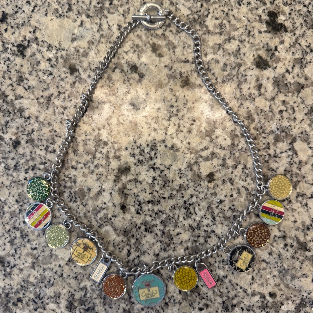 Coach Silver Charm Necklace with Multicolor Enamel Accents